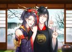  2boys black_hair fhalei headdress japanese_clothes jirou_tachi long_hair multiple_boys ponytail sliding_doors tarou_tachi touken_ranbu trap v yellow_eyes 