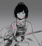  1boy black_hair blood blood_on_face blue_eyes holding japanese_clothes katana ponytail short_hair solo spot_color sword touken_ranbu weapon yamato-no-kami_yasusada yuzuki_gao 