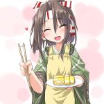  1girl :d apron blush brown_hair chopsticks dd_(ijigendd) food headband heart japanese_clothes kantai_collection long_hair omelet open_mouth smile solo zuihou_(kantai_collection) 