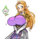  1girl blonde_hair blue_eyes blush breasts circlet earrings huge_breasts jewelry long_hair open_mouth pauldrons pointy_ears princess_zelda sachito solo the_legend_of_zelda tingle triangle_mouth triforce 