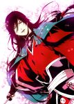  1boy backlighting black_hair blue_eyes cherry_blossoms haori izumi-no-kami_kanesada japanese_clothes katana muku_(pixiv3207772) pink_background solo sword touken_ranbu weapon 