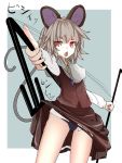 1girl animal_ears black_panties capelet dowsing_rod dress dress_lift gem grey_dress grey_hair highres ishikkoro jewelry looking_at_viewer mouse_ears mouse_tail nazrin necklace open_mouth panties pantyshot pantyshot_(standing) pendant red_eyes solo standing tail touhou underwear 