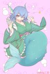  1girl blue_eyes blue_hair blush_stickers breasts bubble cleavage collarbone cube85 head_fins highres japanese_clothes kimono large_breasts long_sleeves mermaid monster_girl obi one_eye_closed open_mouth sash smile solo star touhou wakasagihime wide_sleeves 