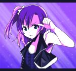  1girl arm_up bangs blue_eyes bow bust clenched_teeth hair_bow kidachi kousaka_honoka light_rays love_live!_school_idol_project monochrome purple_hair short_hair side_ponytail solo swept_bangs tank_top thumbs_up vest 