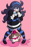  1girl @_@ alternate_color cosplay hairband hex_maniac_(pokemon) long_hair looking_at_viewer panty_&amp;_stocking_with_garterbelt pink_background pokemon pokemon_(creature) purple_hair shenanimation shiny_pokemon slurpuff smile stocking_(psg) stocking_(psg)_(cosplay) striped striped_legwear thigh-highs violet_eyes 
