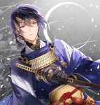  1boy blue_hair crescent_moon hair_ornament japanese_clothes katana mikazuki_munechika moon sayagata sheath sheathed solo sword touken_ranbu uhouho14 weapon 