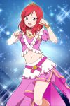  1girl arms_up bangs belt bracelet jewelry kidachi looking_at_viewer love_live!_school_idol_project midriff music_s.t.a.r.t!! naval necklace nishikino_maki open_mouth paw_pose redhead short_hair skirt smile solo sparkle swept_bangs tiara violet_eyes 
