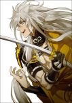  1boy animal_ears fox_ears japanese_clothes katana kogitsunemaru licking_lips long_hair male_focus red_eyes solo sword tekla touken_ranbu weapon 