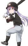  1girl baseball_bat baseball_uniform batting_helmet long_hair miyauchi_renge non_non_biyori purple_hair red_eyes sportswear twintails youkan 