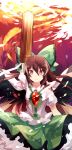  1girl amano_kenpi arm_cannon arm_up artist_name bow brown_hair cape hair_bow long_hair red_eyes reiuji_utsuho skirt solo third_eye touhou weapon wings 