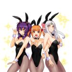  3girls :d \n/ animal_ears bangs breasts brown_eyes bunny_tail bunnysuit cleavage contrapposto detached_collar fake_animal_ears fishnet_pantyhose fishnets forehead_jewel girl_sandwich grin hair_ornament hairband horns karukaru large_breasts long_hair looking_at_viewer multiple_girls open_mouth orange_hair pantyhose parted_bangs pointy_ears purple_hair rabbit_ears sandwiched short_twintails silver_hair smile sparkle tail twintails v wrist_cuffs yellow_eyes 