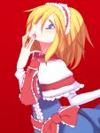  1girl alice_margatroid ascot blonde_hair blue_eyes capelet hairband kuresento red_background red_nails sash solo touhou 