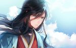  1boy black_hair blue_eyes braid earrings izumi-no-kami_kanesada jewelry long_hair sky solo touken_ranbu uhouho14 