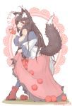  1girl animal_ears apple bare_shoulders breasts brooch brown_hair cube85 fang food fruit highres imaizumi_kagerou jewelry large_breasts long_hair long_sleeves looking_at_viewer off_shoulder open_mouth pink_eyes shirt skirt skirt_basket solo spice_and_wolf tail touhou very_long_hair werewolf wide_sleeves wolf_ears wolf_tail 