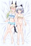  2girls absurdres animal_ears bare_legs barefoot blonde_hair blush breasts camisole cleavage eila_ilmatar_juutilainen green_eyes highres holding_hands long_hair lying multiple_girls o_o on_back panties sanya_v_litvyak short_hair silver_hair smile strike_witches underwear wavy_mouth yane_ue_no_tabibito yuri 