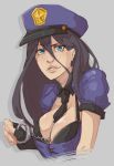  1girl between_breasts blue_eyes breasts bust caitlyn_(league_of_legends) cleavage cuffs female handcuffs hat league_of_legends lips long_hair police police_uniform policewoman solo uniform whistle_frog 