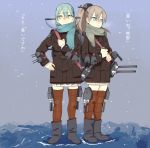  2girls aqua_eyes aqua_hair blue_eyes boots brown_hair coat hand_on_hip kantai_collection kumano_(kantai_collection) long_hair multiple_girls ponytail scarf smile suzuya_(kantai_collection) turret yomosaka 