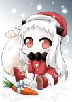  1girl alternate_costume blush boots bow carrot commentary_request covered_mouth hat horns kantai_collection long_hair looking_at_viewer mittens northern_ocean_hime pale_skin red_eyes ribbon santa_costume santa_hat shinkaisei-kan sitting snowing solo white_hair yamato_nadeshiko 