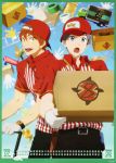  2boys absurdres backwards_hat baseball_cap blue_eyes blush calendar free! gloves grey_hair hat highres male_focus mikoshiba_momotarou mole multiple_boys nitori_aiichirou official_art open_mouth orange_hair package short_hair smile sweat yellow_eyes 