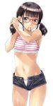  1girl adjusting_hair bare_shoulders black_hair brown_eyes camisole cowboy_shot crop_top cutoffs denim denim_shorts fingernails flat_chest glasses highres midriff mouth_hold nagayori navel open_fly panties red-framed_glasses short_shorts short_twintails shorts simple_background smile solo twintails tying_hair underwear unzipped white_background white_panties 