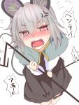  1girl anger_vein animal_ears blush capelet dowsing_rod dress grey_dress grey_hair highres ishikkoro long_sleeves looking_at_viewer mouse_ears mouse_tail nazrin open_mouth pink_eyes shirt solo tail tears touhou 