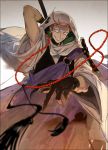  1boy fangs gloves hood iwatooshi japanese_clothes naginata orange_hair polearm red_eyes rosary solo tekla touken_ranbu weapon 