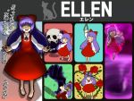  1girl bangs barefoot bow cat character_name commentary_request dress ellen_(majo_no_ie) final_smash flower glowing glowing_eyes hair_bow hair_ornament highres large_bow long_hair majo_no_ie open_mouth outline parody payot purple_hair red_dress ribbon rose shadow shan_grila silhouette skull solo spoilers super_smash_bros. symbol thorns translation_request yellow_eyes zoom_layer 
