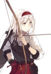  1girl arrow between_fingers bow_(weapon) brown_eyes bust duoyuanjun flight_deck hakama_skirt headband highres japanese_clothes kantai_collection long_hair muneate pleated_skirt red_skirt shoukaku_(kantai_collection) simple_background skirt smile solo weapon white_background white_hair 