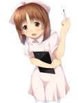  1girl brown_eyes brown_hair clipboard girls_und_panzer nishizumi_miho nurse open_mouth pantyhose thermometer 
