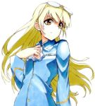  1girl ascot blonde_hair blue_shirt glasses_on_head long_hair long_sleeves military military_uniform perrine_h_clostermann shiratama_(hockey) solo strike_witches traditional_media uniform very_long_hair wide_sleeves yellow_eyes 