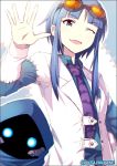  1girl ;d bat_print blue_eyes blue_hair frankenstein&#039;s_castle goggles goggles_on_head kei-suwabe labcoat long_hair long_sleeves necktie one_eye_closed open_mouth oshiro_project payot smile solo stitches twitter_username 