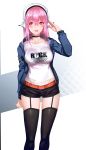  1girl belt black_legwear collar headphones highres jacket long_hair looking_to_the_side open_mouth pink_eyes pink_hair salute shorts solo super_sonico t-shirt thigh-highs yykuaixian 