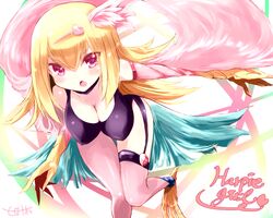  blonde_hair breasts cleavage duel_monster hair_ornament hairclip harpie_girl harpy long_hair monster_girl naomi_(sekai_no_hate_no_kissaten) red_eyes solo talons wings yuu-gi-ou 