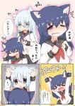  &gt;_&lt; 2girls akatsuki_(kantai_collection) animal_ears bangs black_skirt blue_eyes blue_hair cat_ears cat_tail closed_eyes comic hibiki_(kantai_collection) highres kantai_collection long_hair long_sleeves multiple_girls neckerchief one_eye_closed open_mouth petting pleated_skirt pumo_(kapuchiya) school_uniform serafuku short_hair skirt tail tears translation_request wavy_mouth wrist_cuffs 