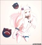  1girl ahoge anklet blush_stickers border dress horns jewelry kantai_collection kei-suwabe long_hair mittens northern_ocean_hime open_mouth red_eyes shinkaisei-kan solo thigh_strap twitter_username white_dress white_hair white_skin 