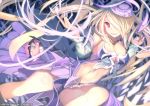  1girl artist_name blonde_hair breasts cleavage dress hair_over_one_eye hat lao_meng long_hair navel open_mouth pandora_(p&amp;d) purple_dress puzzle_&amp;_dragons smile solo 
