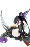  alice_(brave_frontier) amiami belt black_hair blue_eyes boots brave_frontier butterfly_hair_ornament coat crescent_hair_ornament hair_ornament highres long_hair long_sleeves ponytail scythe 