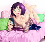  1girl :p animal_ears aqua_eyes bare_shoulders barefoot bed breasts candy cat_ears cellphone cleavage feet glasses headphones lollipop original phone pillow purple_hair short_hair shorts smartphone smile soles solo sweater toes tongue tongue_out 
