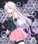  1girl blue_eyes butatikin detached_sleeves hair_over_one_eye highres ia_(vocaloid) long_hair looking_at_viewer pink_skirt skirt solo thigh-highs vocaloid white_hair 