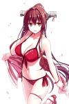  1girl bikini breasts brown_eyes brown_hair cherry_blossoms cleavage clothes_writing collarbone floral_print flower front-tie_bikini front-tie_top hair_flower hair_intakes hair_ornament headgear highres himura_kiseki holding kantai_collection large_breasts leg_up long_hair navel petals ponytail red_bikini side-tie_bikini simple_background smile solo swimsuit thigh_strap towel very_long_hair white_background yamato_(kantai_collection) 