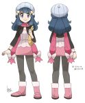  1girl alternate_costume bag beanie black_legwear blue_eyes blue_hair character_sheet cropped_jacket hair_bobbles hair_ornament handbag hat hikari_(pokemon) long_hair pantyhose pink_scarf pokemon pokemon_(game) pokemon_dppt remotarou smile white_background winter_clothes 