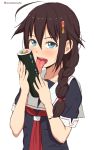  1girl blue_eyes braid brown_hair ehoumaki hair_flaps hair_ornament highres kantai_collection kurowan licking long_hair looking_at_viewer makizushi school_uniform serafuku shigure_(kantai_collection) single_braid solo sushi 