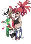  2girls asuna_(pokemon) asymmetrical_docking bigdead93 bike_shorts blue_eyes blush breast_press breasts brown_hair dark_skin front-tie_top half-closed_eyes haruka_(pokemon) high_ponytail highres holding_hands interlocked_fingers midriff multiple_girls pokemon pokemon_(game) pokemon_rse red_eyes redhead small_breasts split_ponytail tan tissue_box treecko yuri 