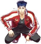  1boy blue_hair fate/stay_night fate_(series) jacket lancer letterman_jacket mitsuki_mitsuno one_eye_closed ponytail red_eyes red_jacket shoes sneakers solo squatting 