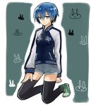  147 akuma_no_riddle azuma_tokaku blue_eyes blue_hair jacket kneeling short_hair short_shorts shorts solo thigh-highs 