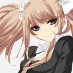  1girl blonde_hair blue_eyes bow breasts bunny_hair_ornament cleavage dangan_ronpa dangan_ronpa_1 enoshima_junko freckles hair_bow hair_ornament long_hair looking_at_viewer lowres misteor necktie popped_collar smile solo twintails 