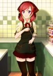  1girl alternate_hairstyle black_legwear cooking_pot love_live!_school_idol_project low_twintails miniskirt nishikino_maki pleated_skirt red_skirt redhead short_hair skirt sleeves_rolled_up smile thigh-highs twintails violet_eyes zettai_ryouiki 