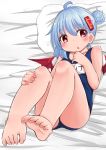  1girl alternate_hairstyle bat_wings blue_hair blush hair_bun hair_ornament hairclip legs_up lying nyt_(nagane) on_back open_mouth pillow red_eyes remilia_scarlet school_swimsuit solo swimsuit touhou wings 