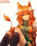  1girl animal_ears borrowed_character highres kneehighs long_hair orange_hair original shiratan sitting solo tail turtleneck yellow_eyes 