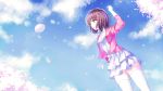  1girl arm_up blue_sky brown_eyes brown_hair clouds dress highres jacket katou_megumi meng_xiao_jiong open_clothes open_jacket petals saenai_heroine_no_sodatekata sky solo thigh-highs white_dress white_legwear zettai_ryouiki 